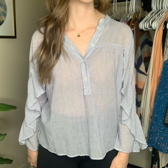 Anthropologie Maeve Blue Stripe Ruffle Blouse - Picture 2 of 8